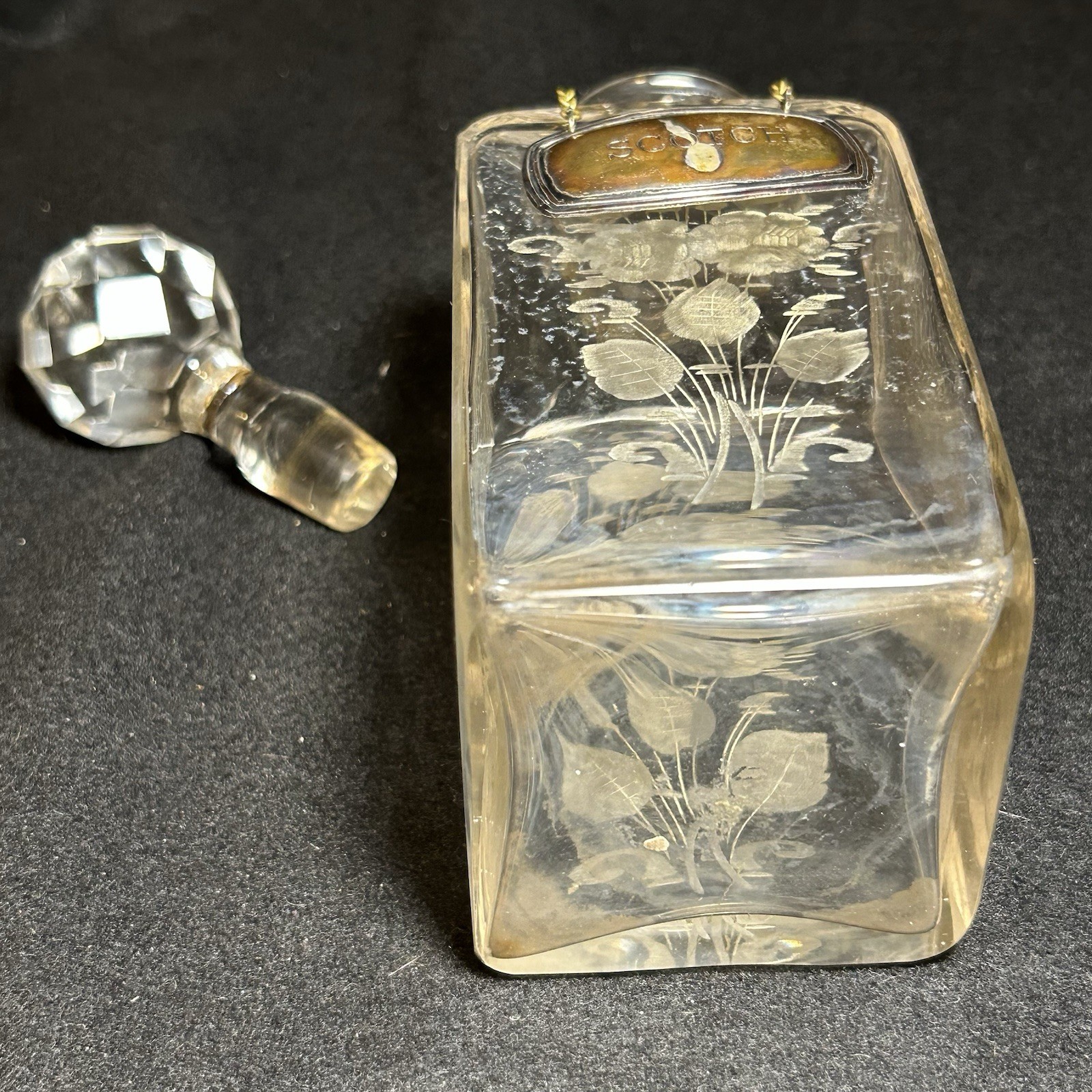 Antique Edwardian Etched Crystal Decanter “Scotch” Silverplate Plaque England