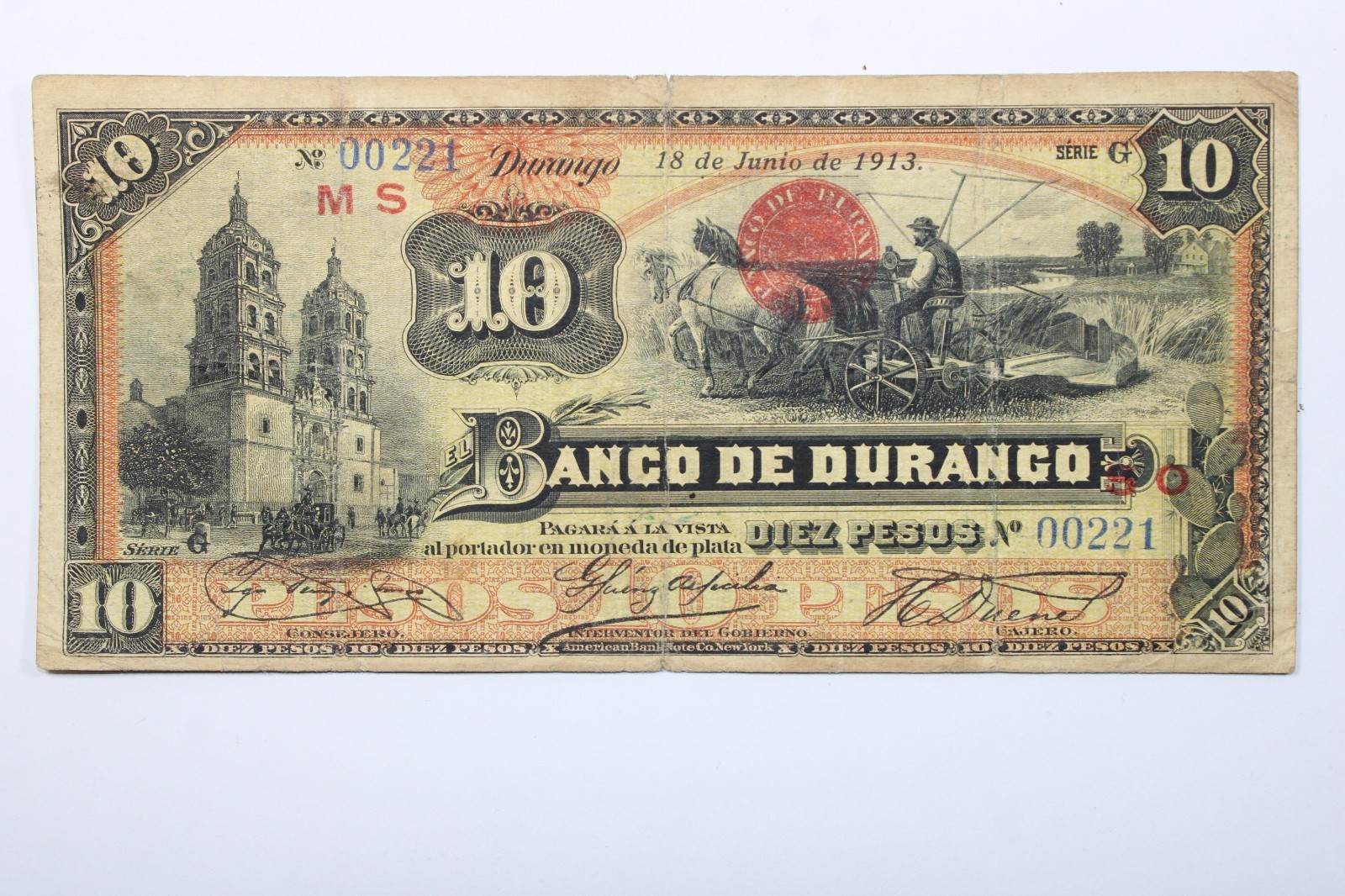 1913 Mexico / Durango  10 Pesos   Series G  Circulated Banknote # 0439