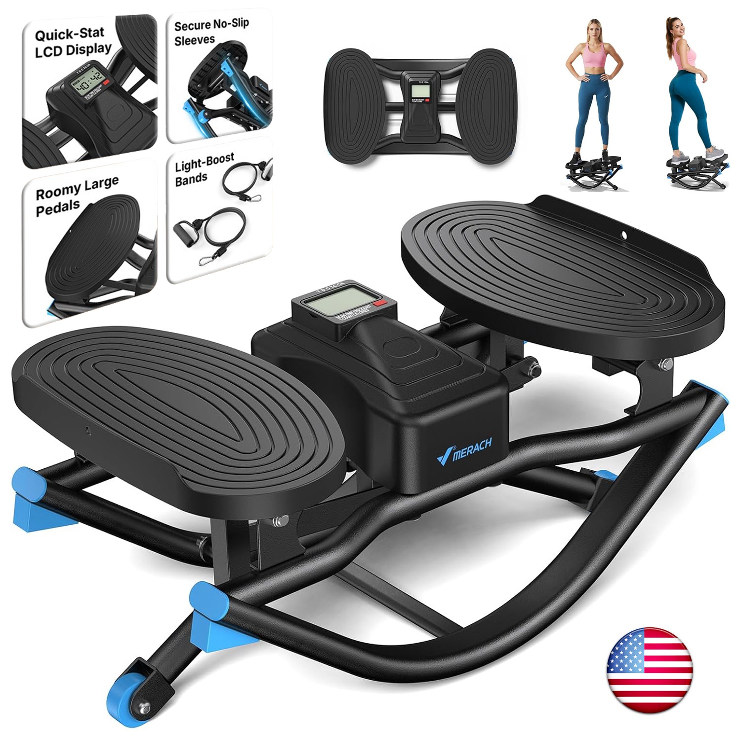 MERACH Rocking Steppers for Exercise 3D Motion Stair Stepper w/ Resistance Bands