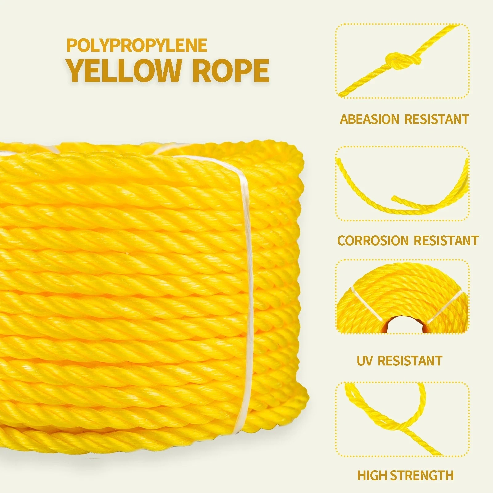Yellow Twisted Polyprolene Rope 1/4 100ft Heavy Duty Poly