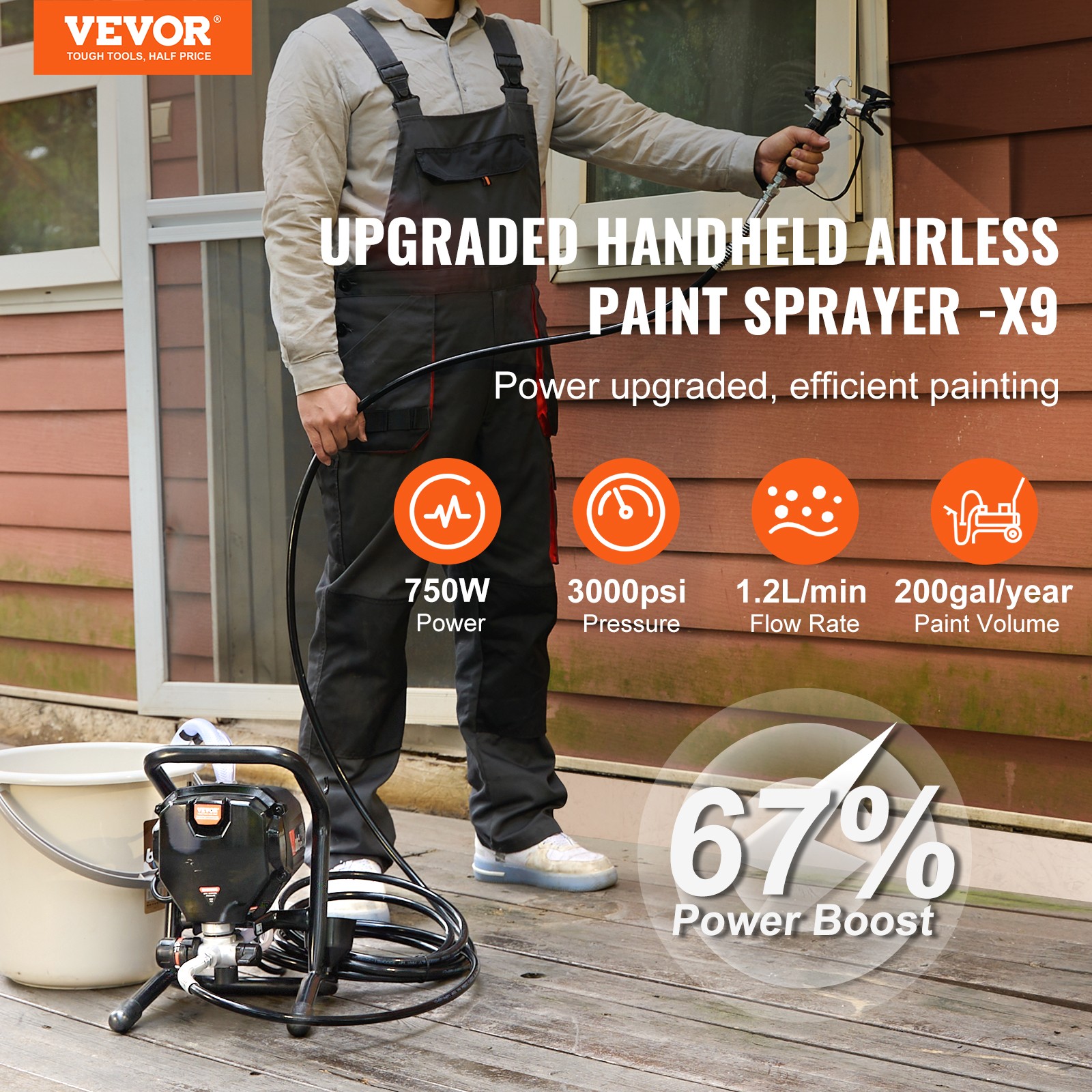 VEVOR Stand Airless Paint Sprayer 750W 3000PSI Electric Airless Sprayer Handheld