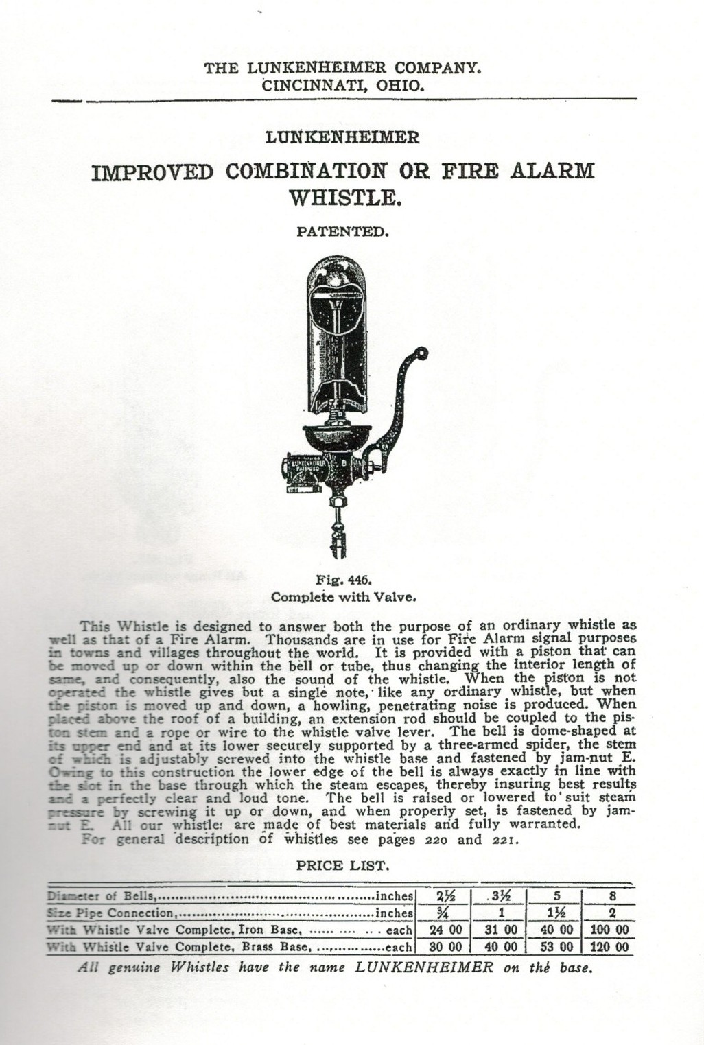 Lunkenheimer Company Brass Steam Whistles Book Manual Catalogue Oiler
