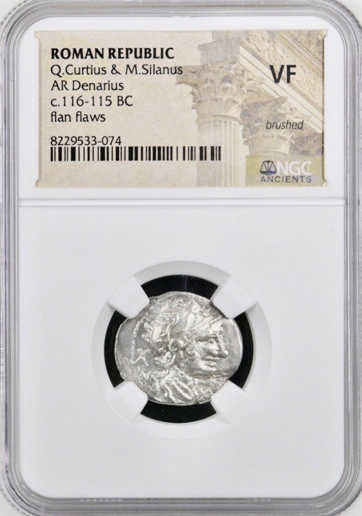 Silver Roman Republic Denarius 116BC-115BC NGC Graded VF Roma and Quadriga
