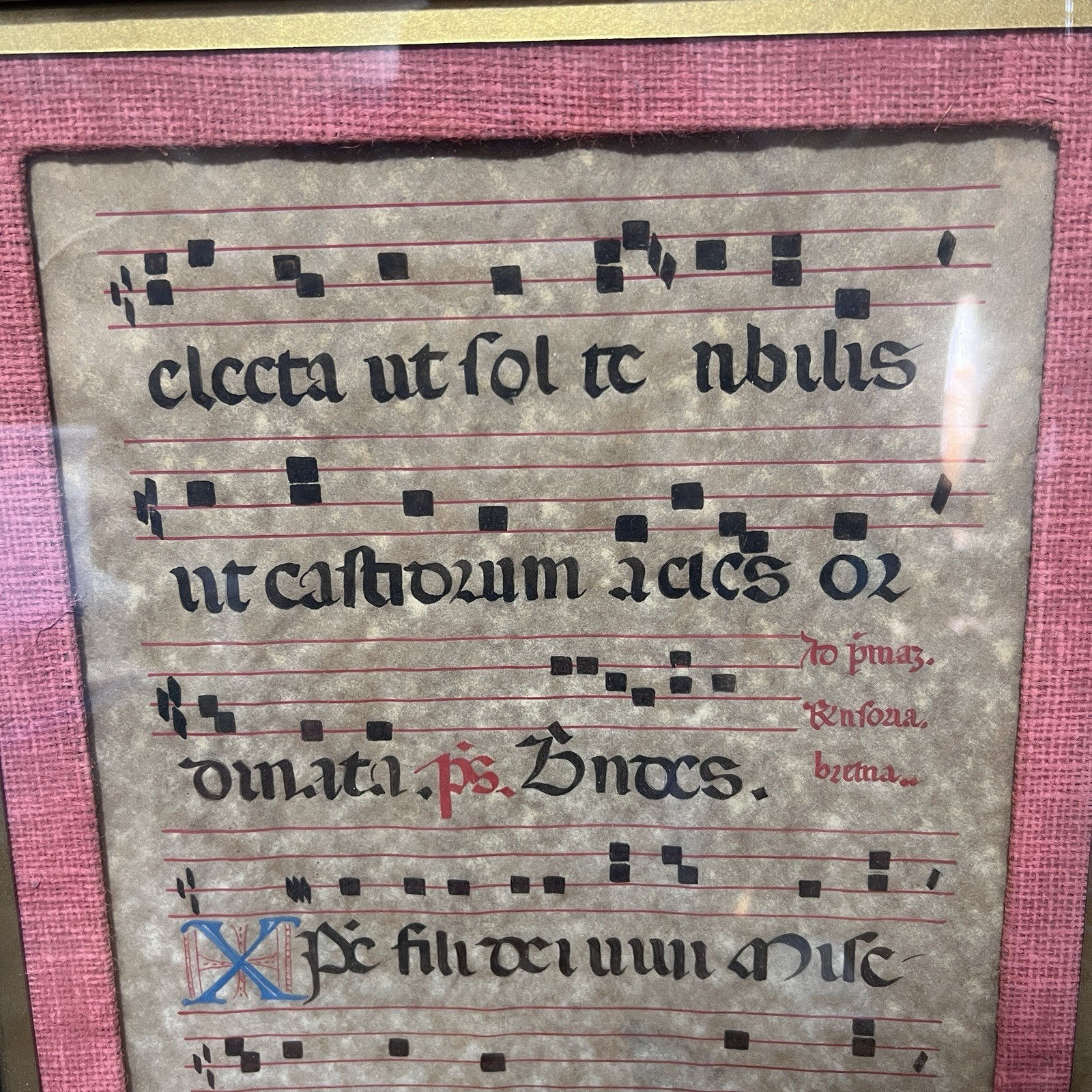 Pair Framed Illuminated Gregorian Chant Music Manuscript Pages Medieval Style