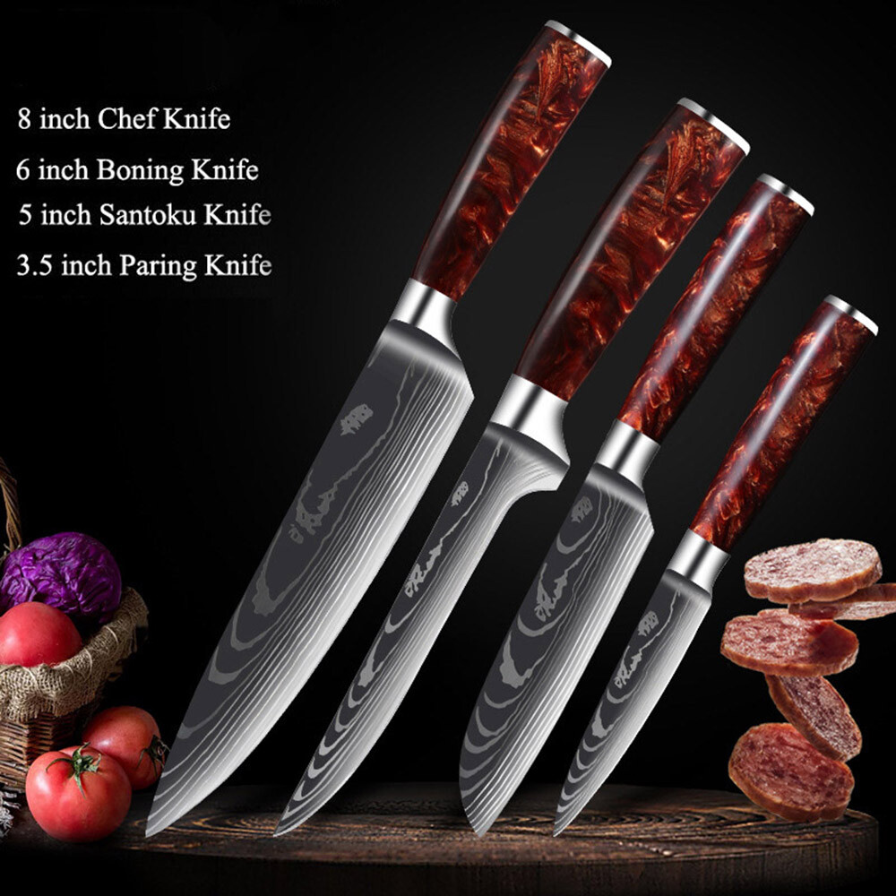 2PC Japanese Damascus Pattern Chef Knives Cleaver Kitchen Knife Set With Sheath