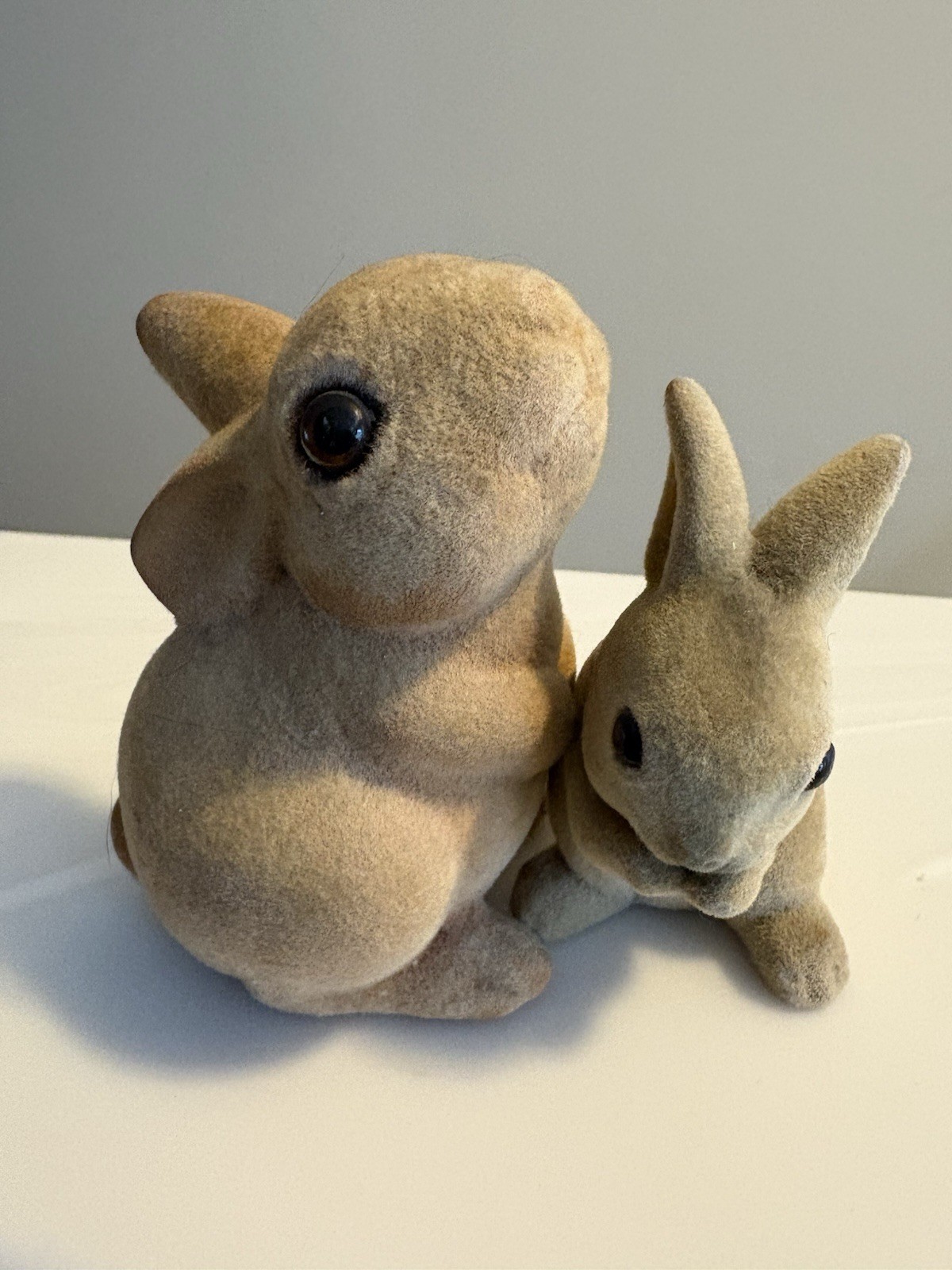 2 Vtg Sm Brown Flocked Fuzzy Bunny Rabbits Hard Figures Easter Read
