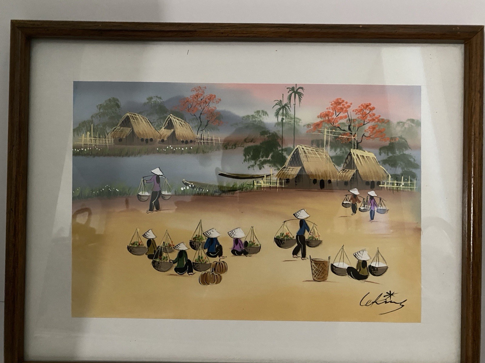 Framed Vietnamese Asian Art Silk Screening Water Colors Signed “Women Working”