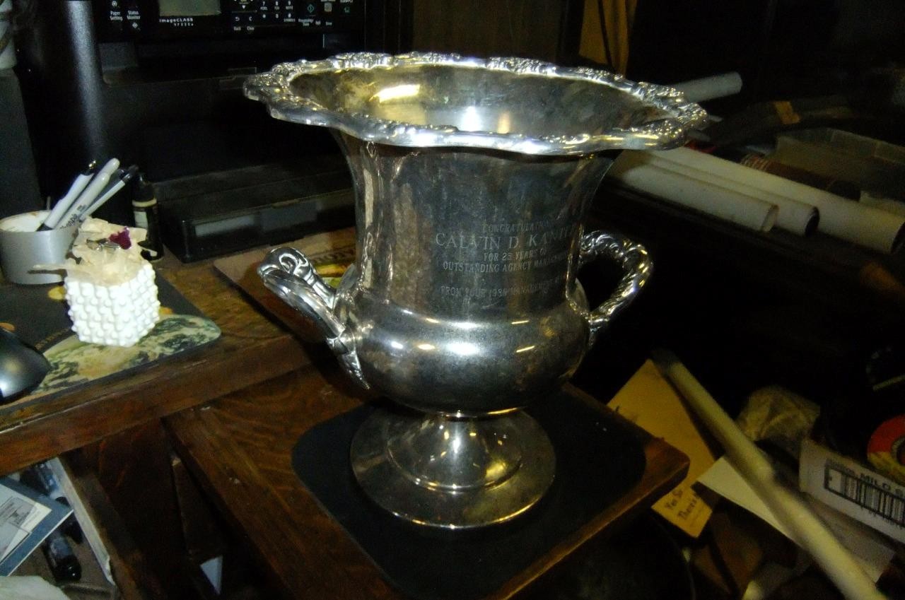 large silver plated ice bucket wine cooler pedestal trophy cup -by Towle
