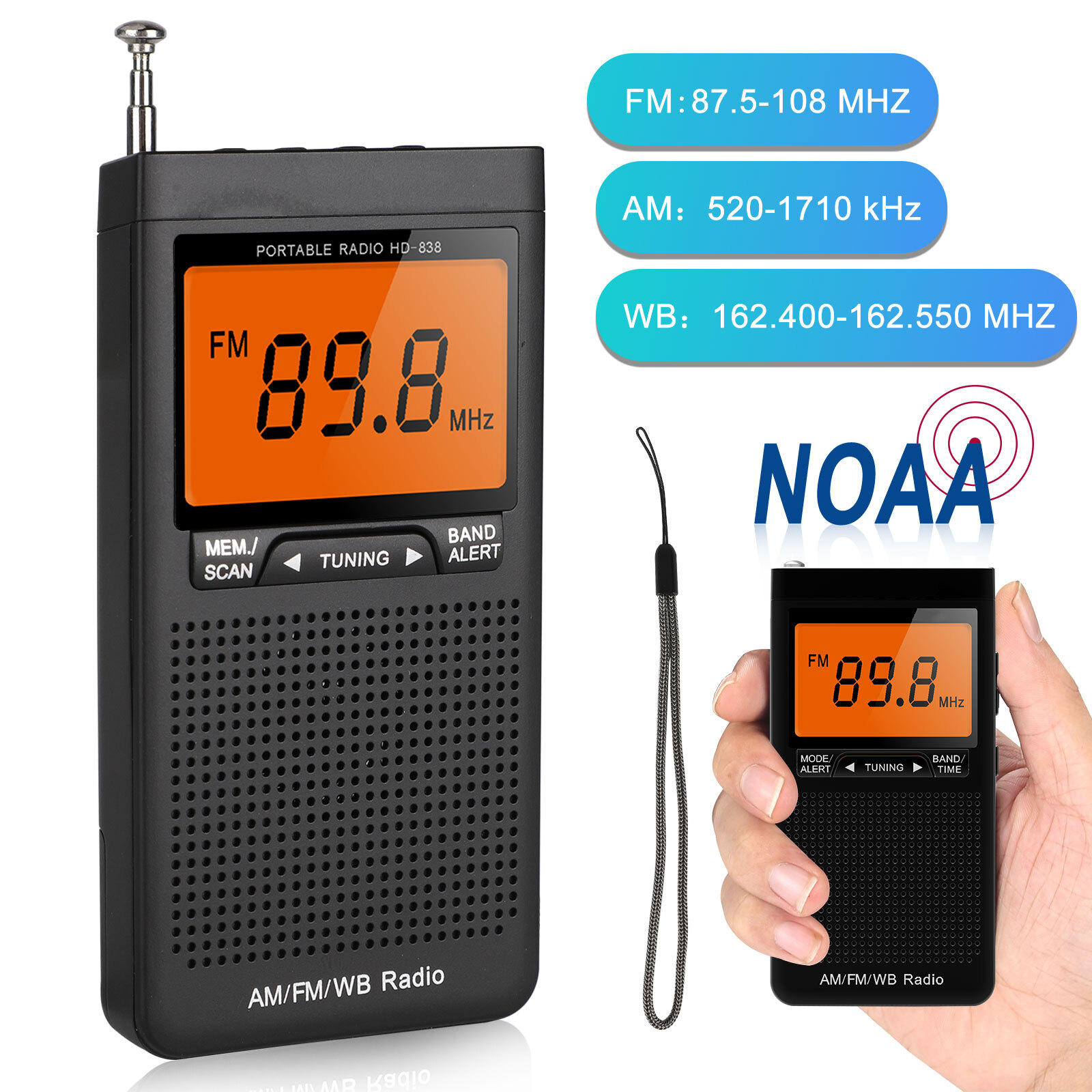 Pocket AM FM Radio Auto-Search NOAA Emergency Receiver Battery Operated Portable