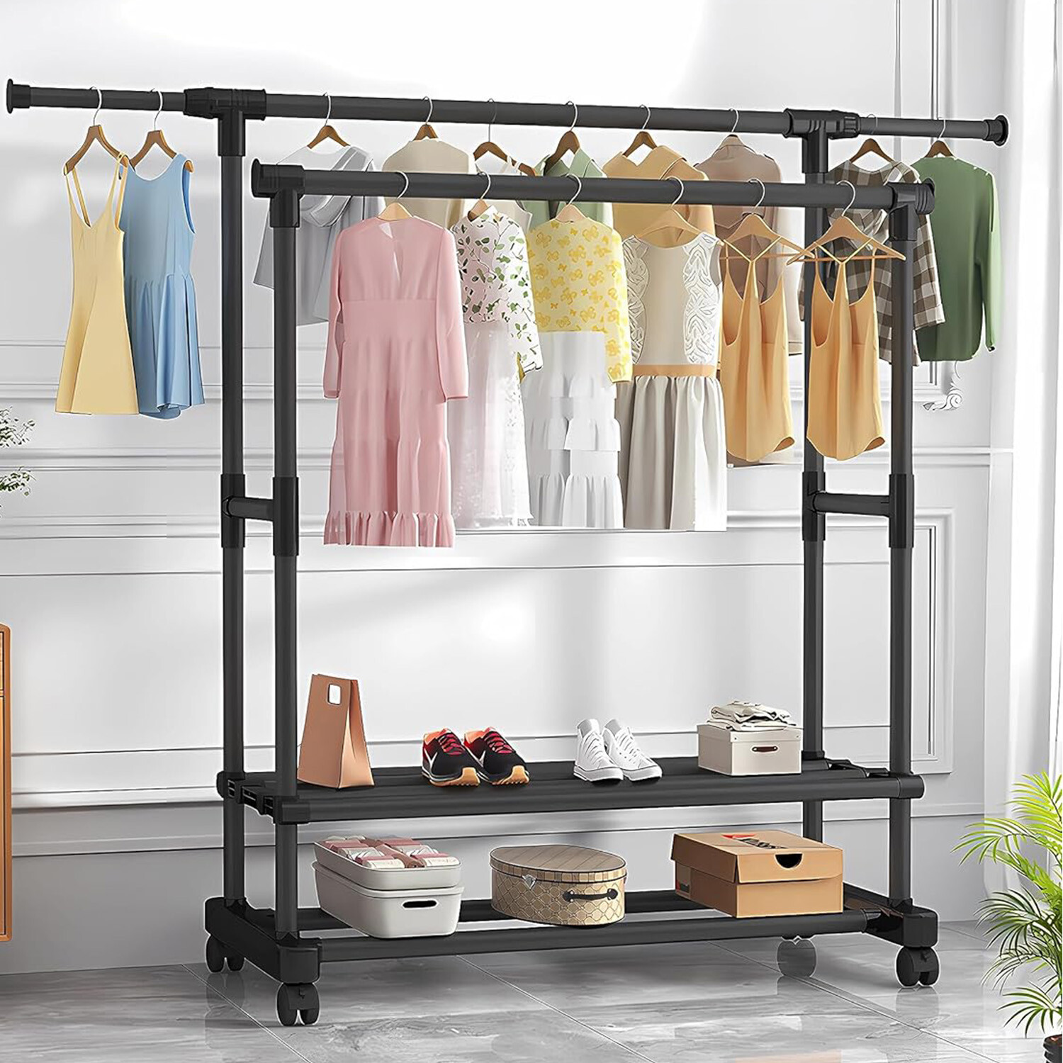 Heavy Duty Clothing Garment Rack Rolling Clothes Organizer Double Rails Hanging