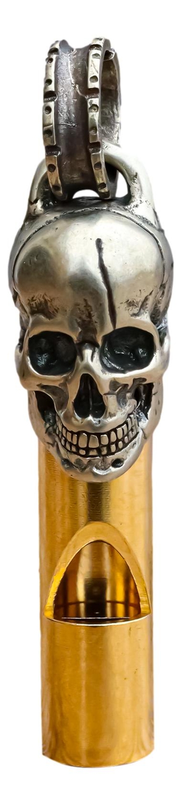Solid Brass And Steel Ghost Skull Head Death Whistle With Key Chain Ring