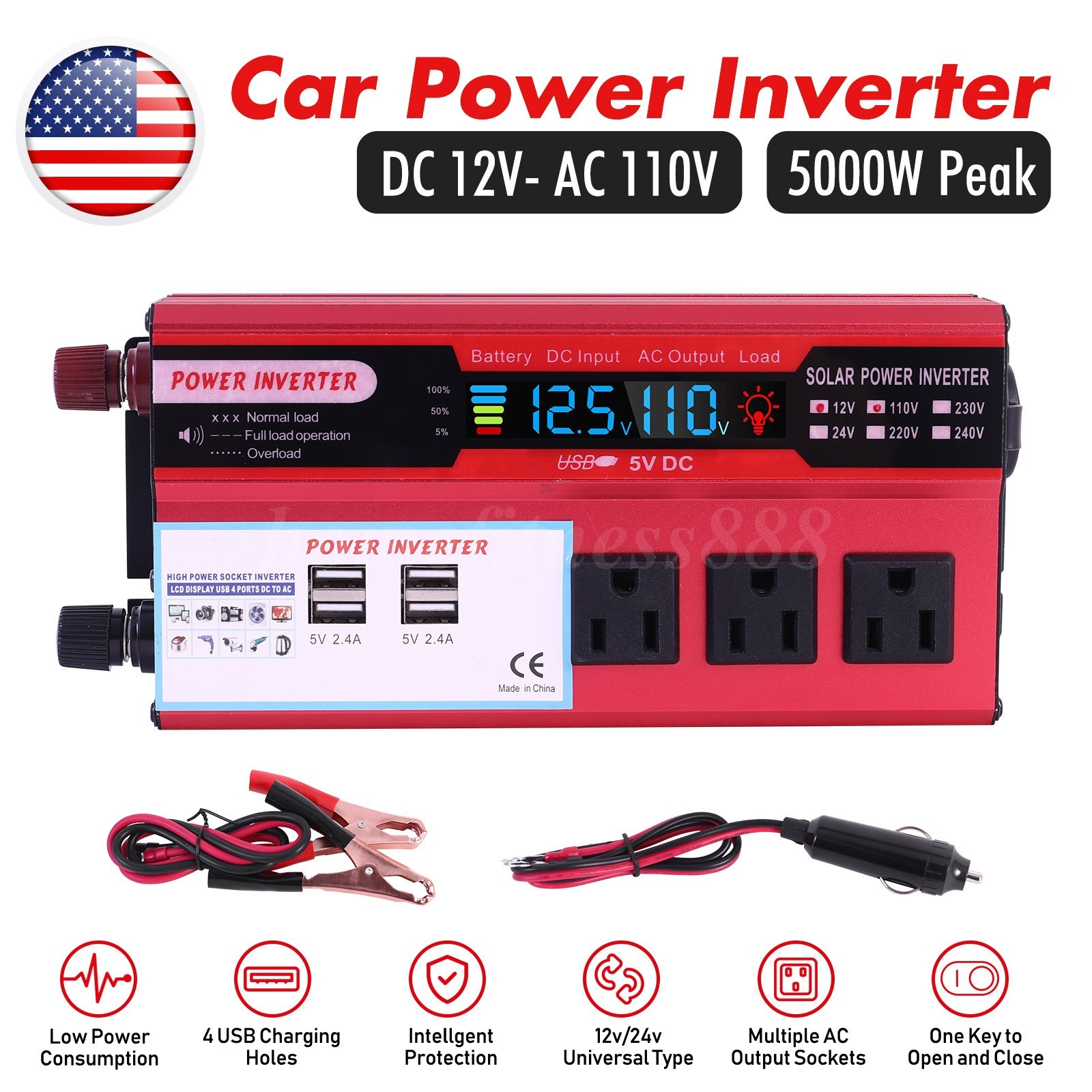 Pure Sine Wave Solar Converter 5000W Car Power Inverter DC 12V To AC 110V 4 USB