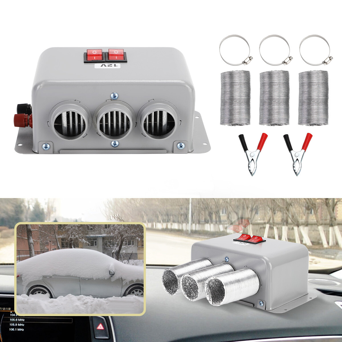 800W Electric Car Heater 3 Hole 12V DC Heating Fan Defogger Defroster Demister