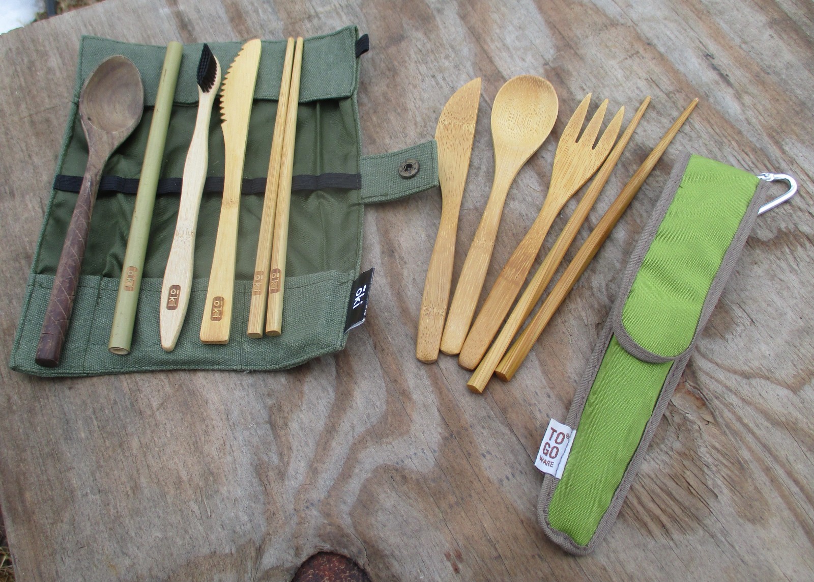 OKI & TO GO WARE BAMBOO WOODEN CAMP TRAVEL UTENSILS FORK KNIFE CHOP STICKS SPOON