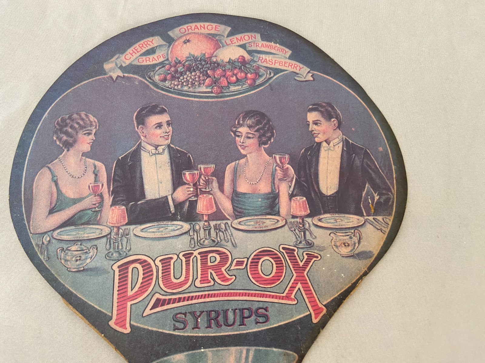 Vintage Advertising Die Cut PUR-OX SYRUPS Cardboard Handheld Fan