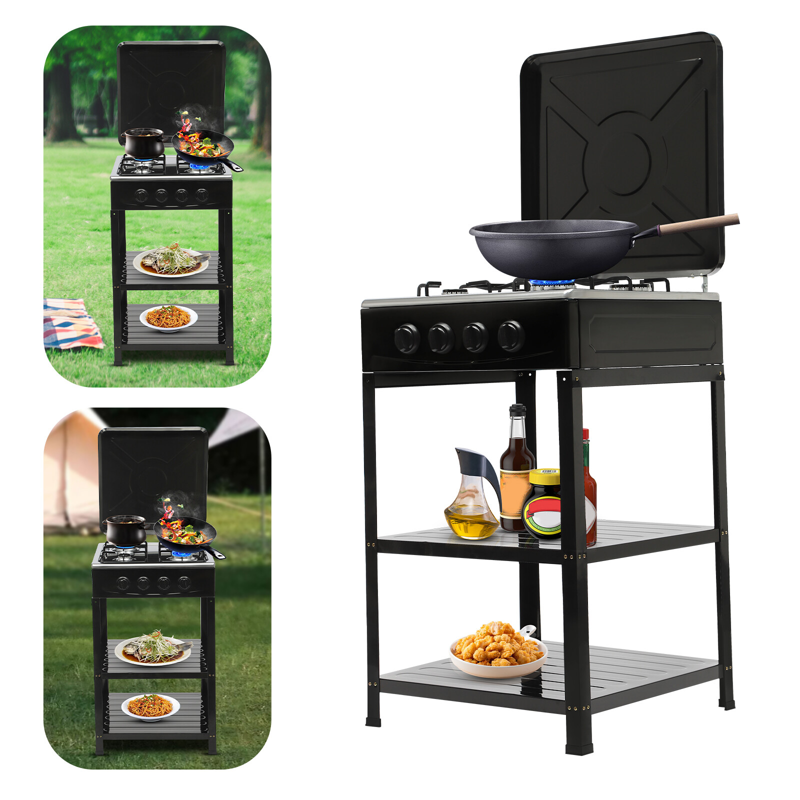 Outdoor 300000 BTU Stove Propane 4 Burner Portable Cooker BBQ Grill Windshelter