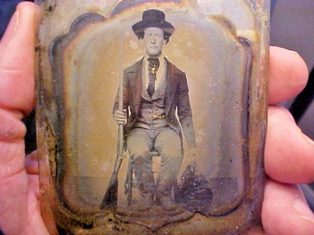 1850s Gold Stick Pin Prospector w/Satchel Ambrotype Glass Photograph 1/6 Plate