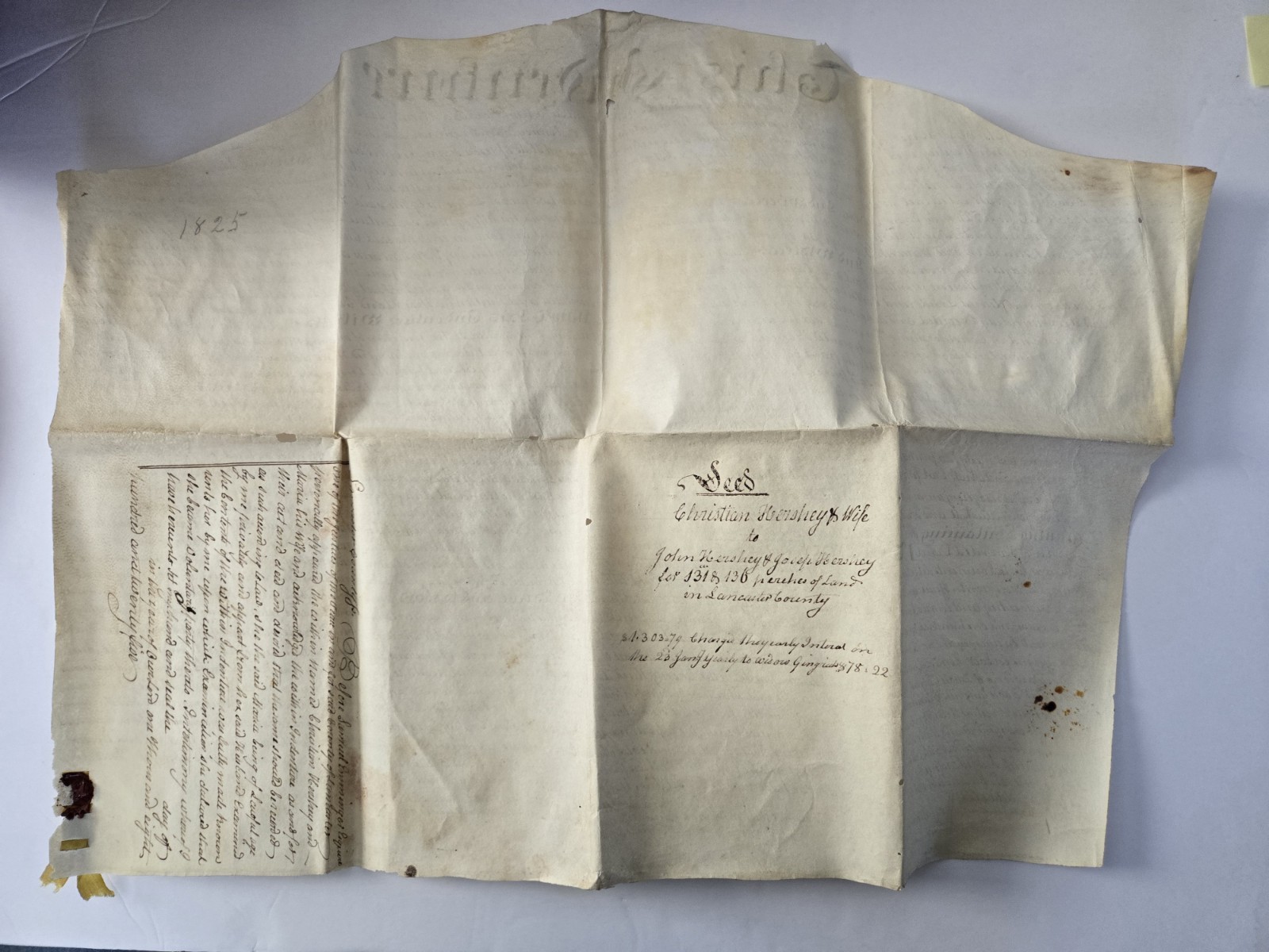 1825 Lancaster Cty PA Deed Christian Hershey/ John Hershey GENEALOGY 131 Acres