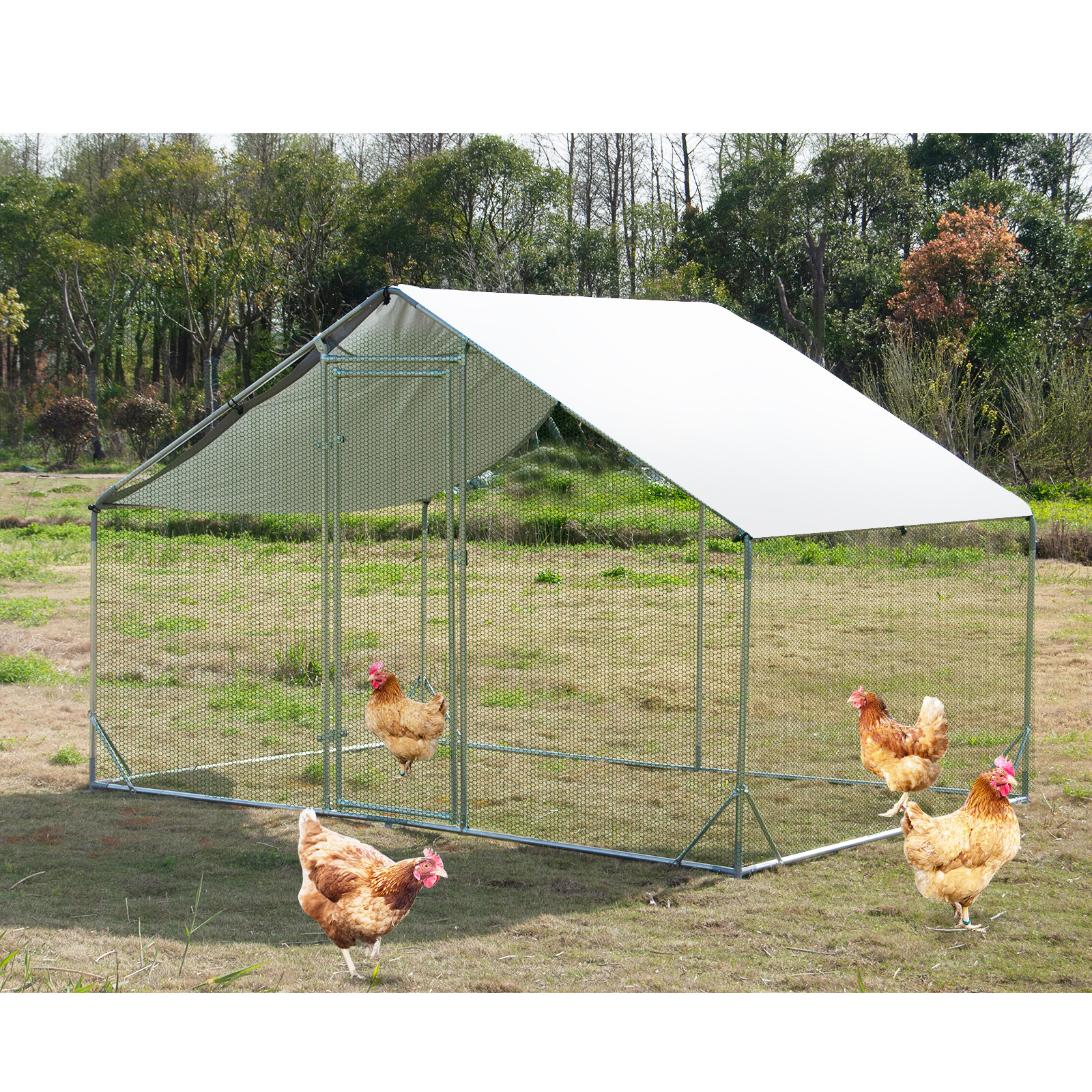 Large Metal Chicken Coop, Walk-in Poultry Cage Galvanized Hen Playpen House