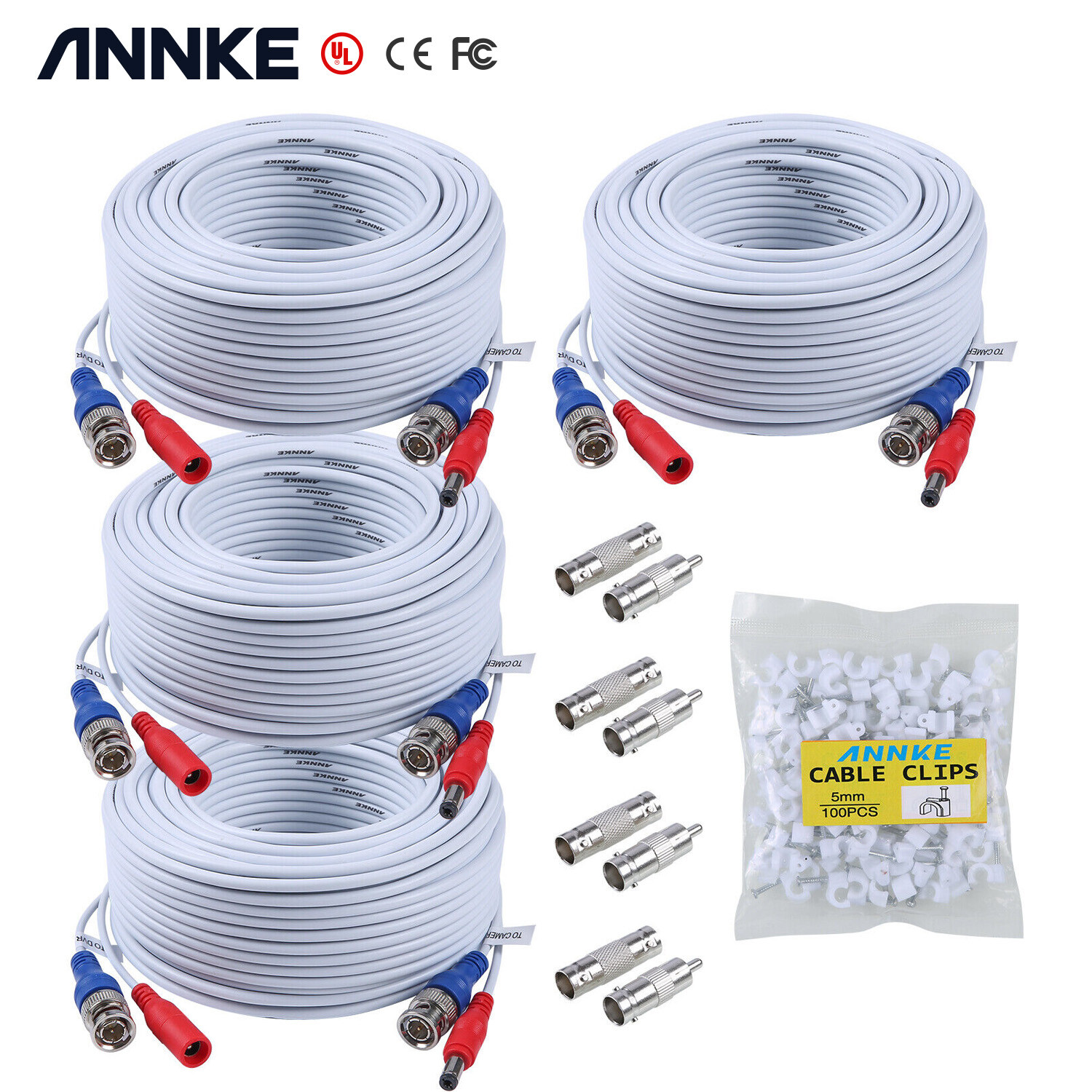 ANNKE 4PCS 100FT 30m Video Power BNC Cable for CCTV Security Camera System White