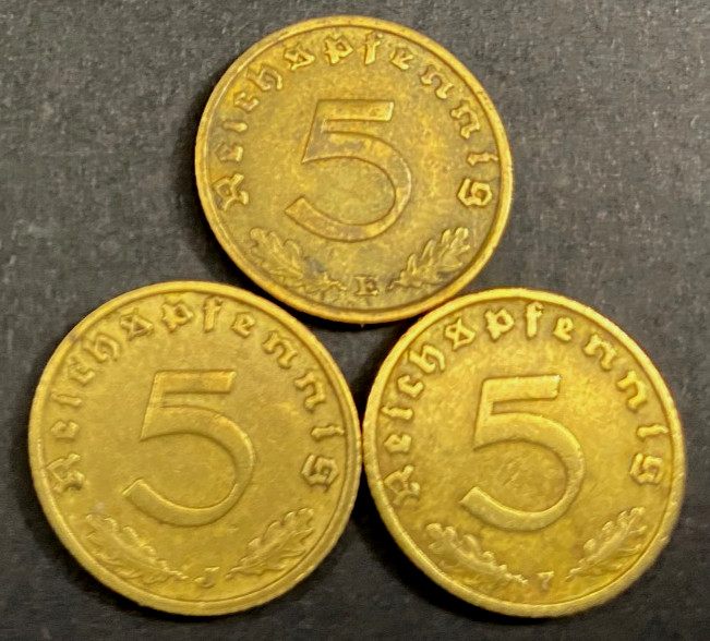 WWII German 5 Reichspfennig Coins 1937 1938 1939 Set – WWII Era Currency