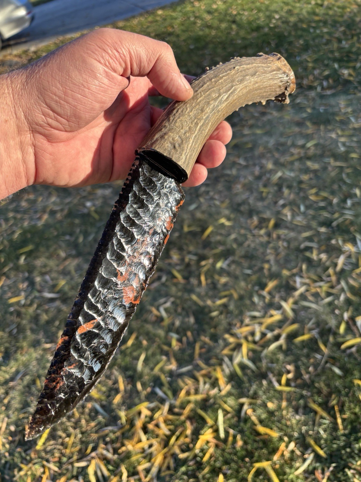 Huge Dragon Glass Obsidian Mule Deer Antler Display Knife Made By Grady Bowen