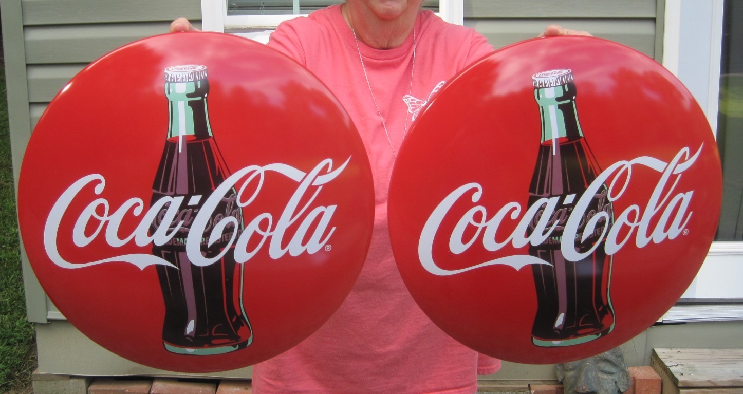 (2)   16" Coca Cola Metal Dome Button Advertising Coke Signs 1950's Diner Style