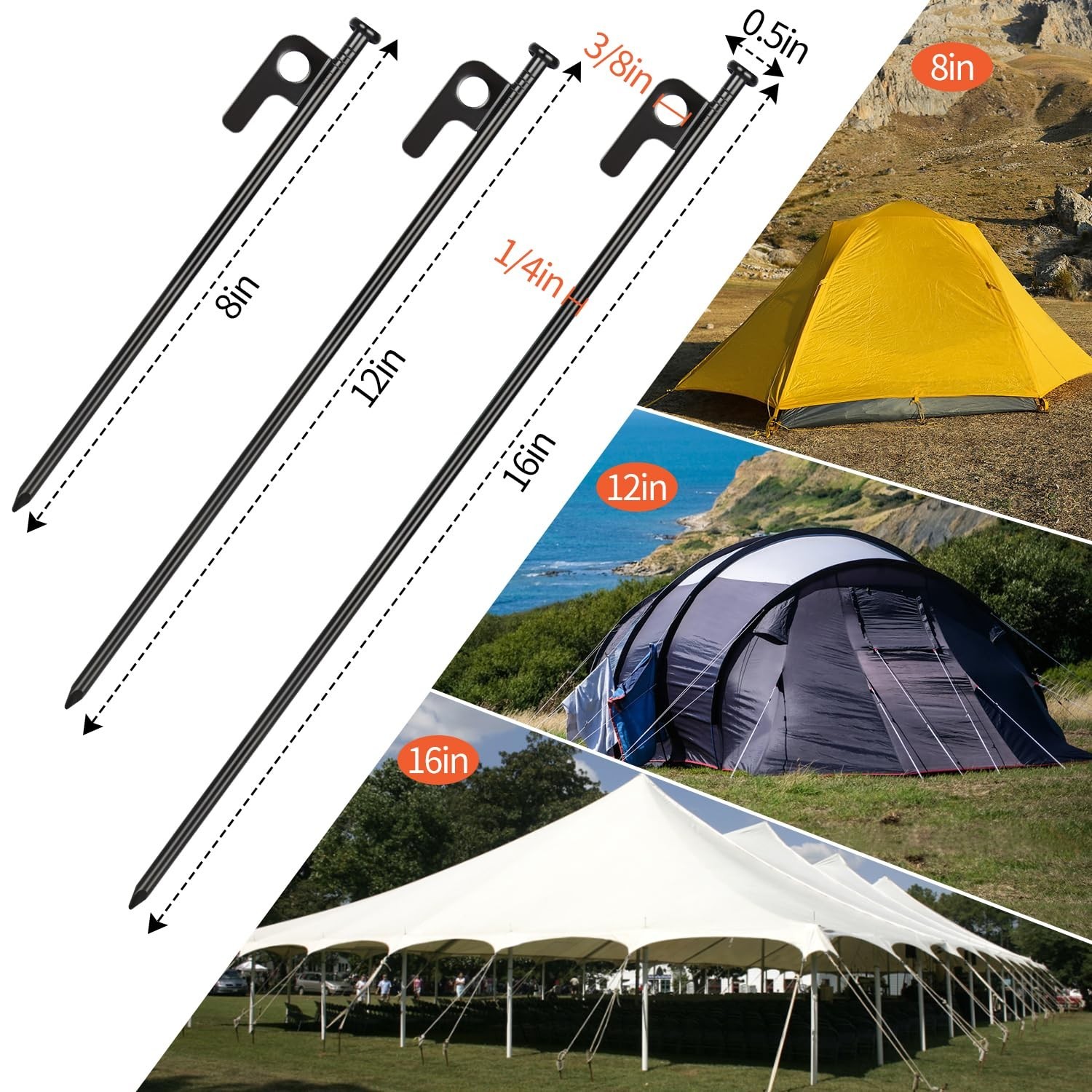 32 Pack Tent Stakes, 12in Heavy Duty Tent Stakes with Storage Bag, Forged Ste...