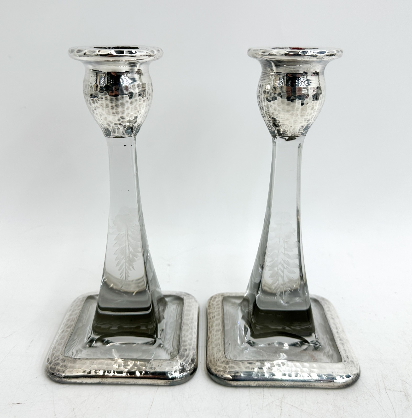 Vintage Pair Hand Hammered Sterling Silver and Cut Glass Candlestick Holders