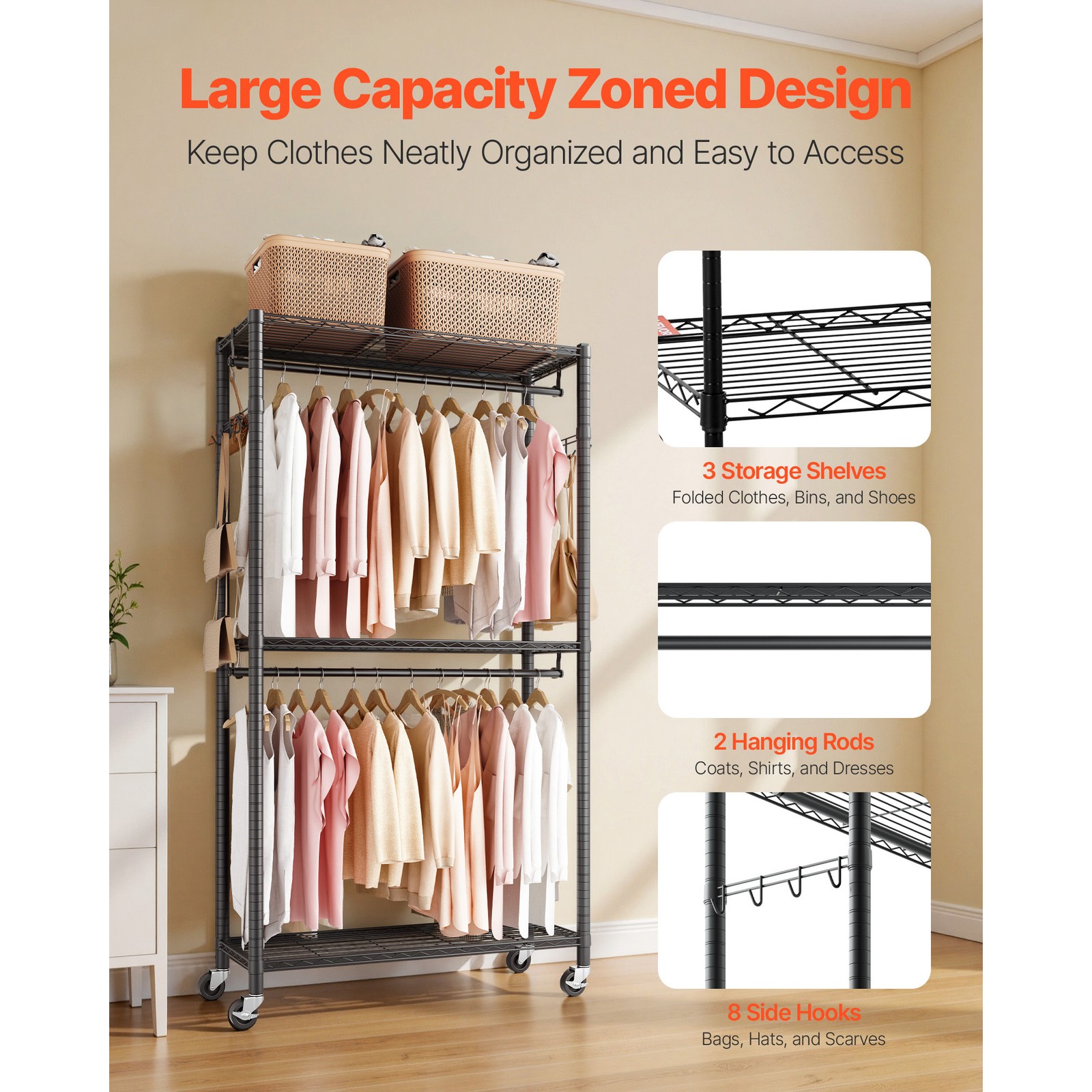 Uimoso Adjustable 3-Tier Rolling Garment Rack for Clothing Storage, Black