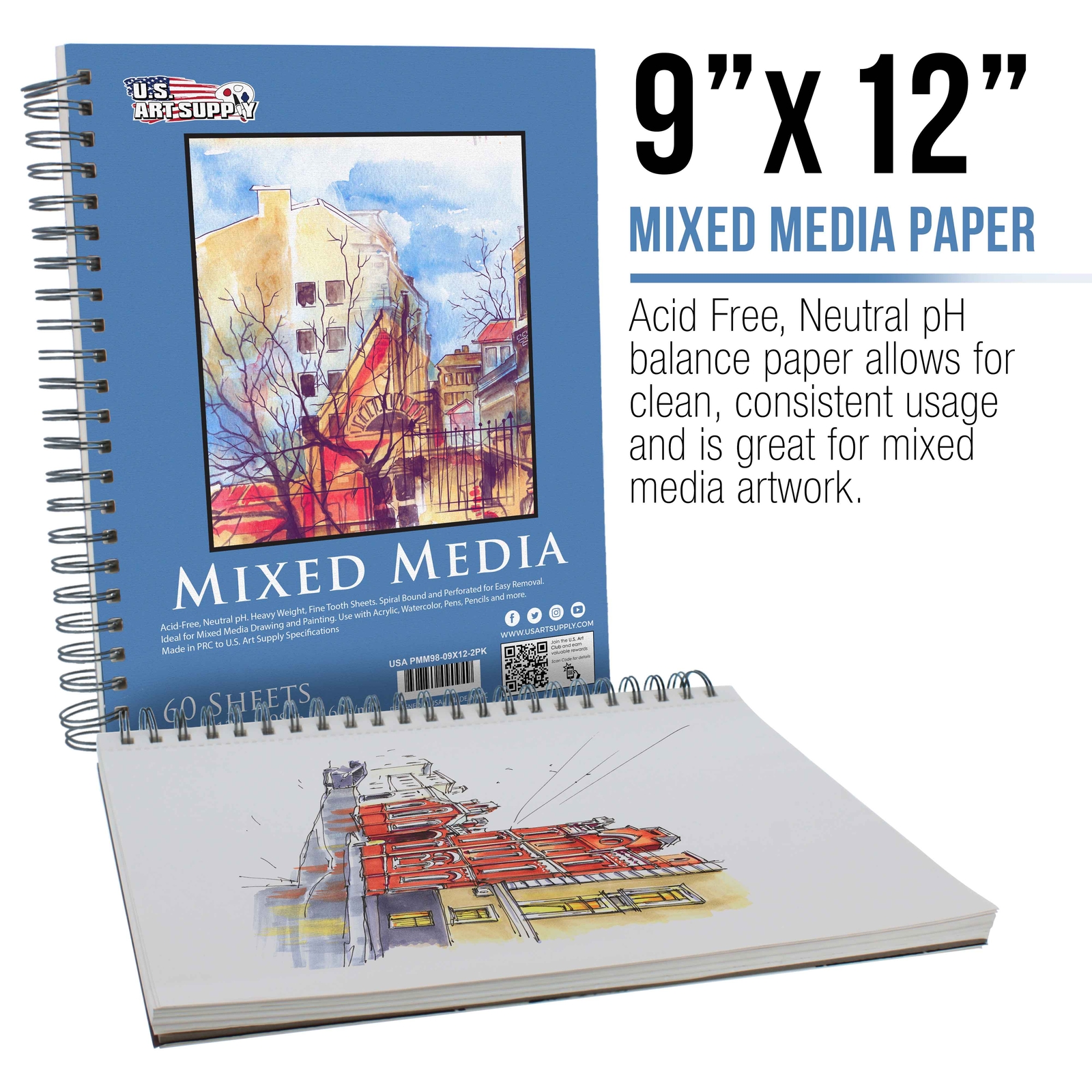 9" x 12" Mixed Media Paper Pad Sketchbook, 2 Pack, 60 Sheets 98 lb, Spiral-Bound