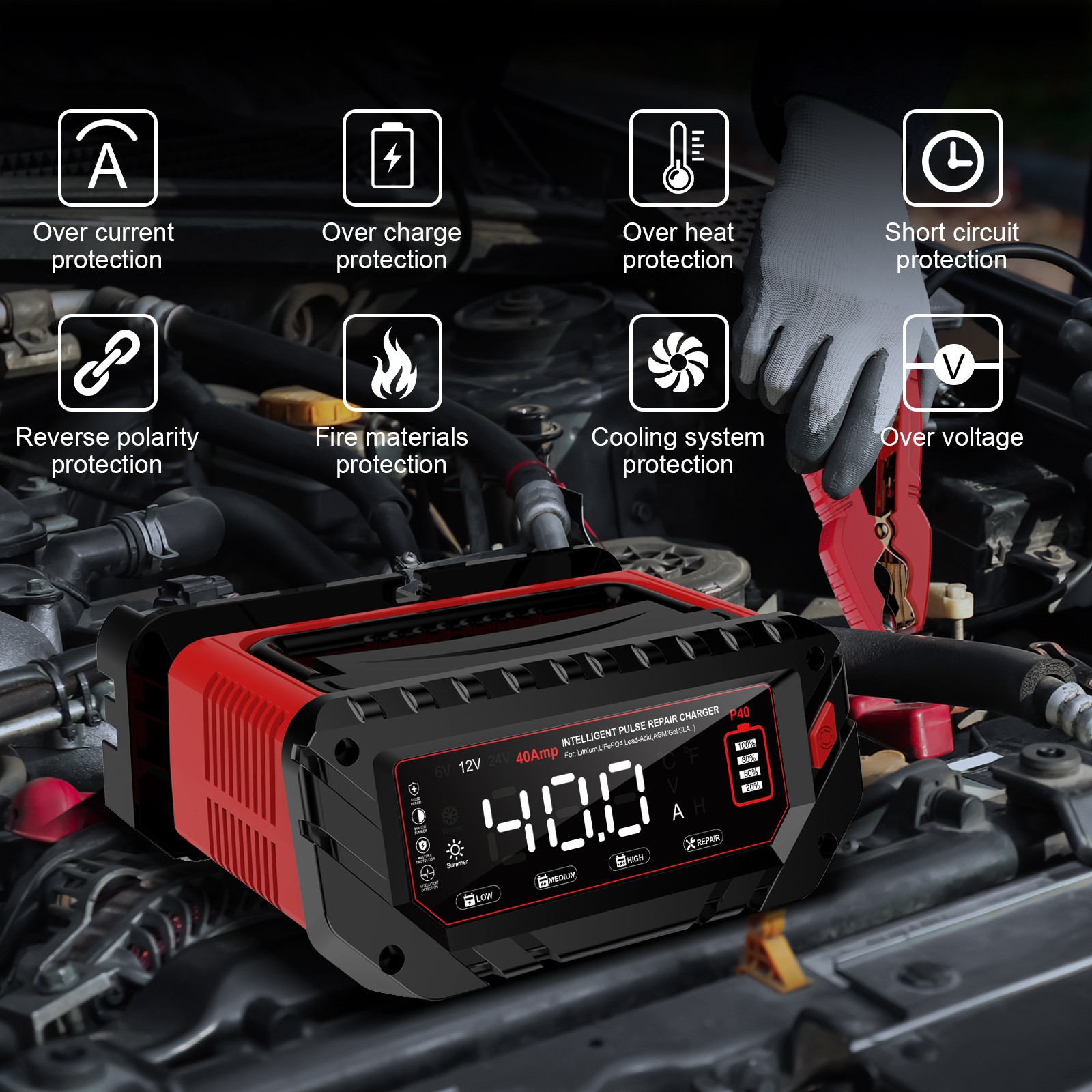 40-Amp Battery Charger, 12V/24V Lead Acid LiFePO4 Smart Battery Trickle Charger