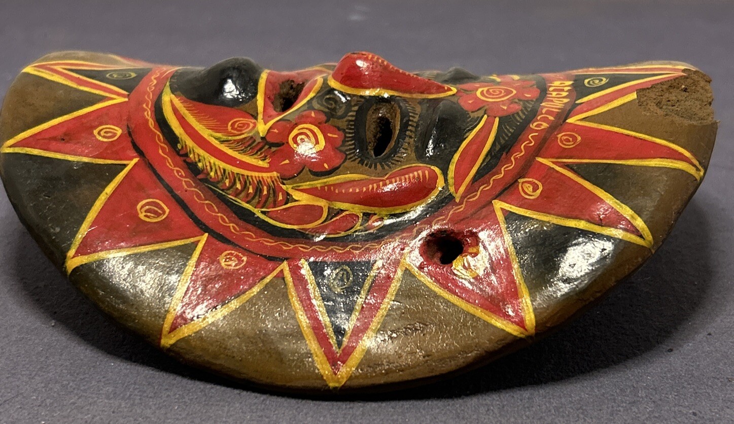 Vintage Mexican Brown Ceramic Hanging Mask Folk Art Hand Made