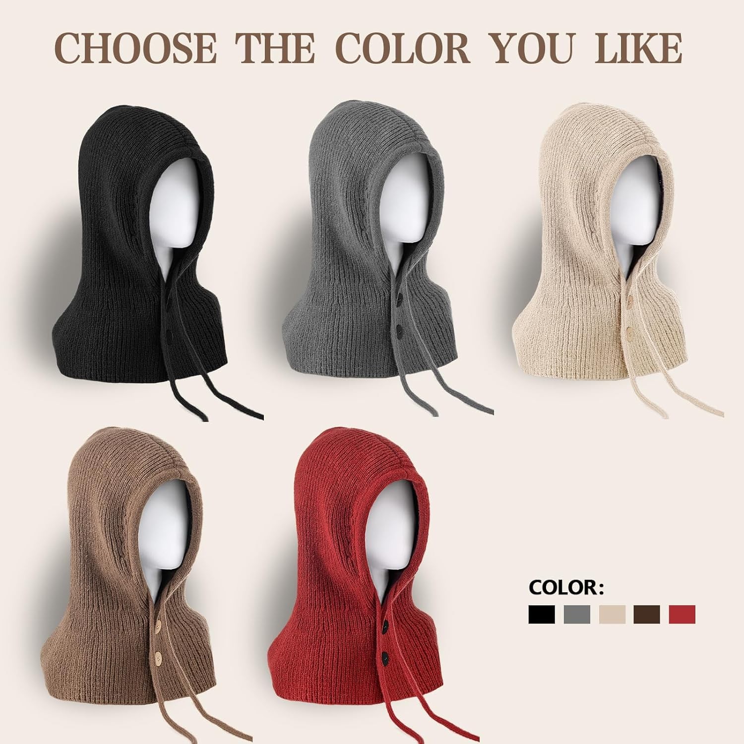 Balaclava Hat for Women, Warm Ear Neck Hooded Scarf with Drawstring, Grey