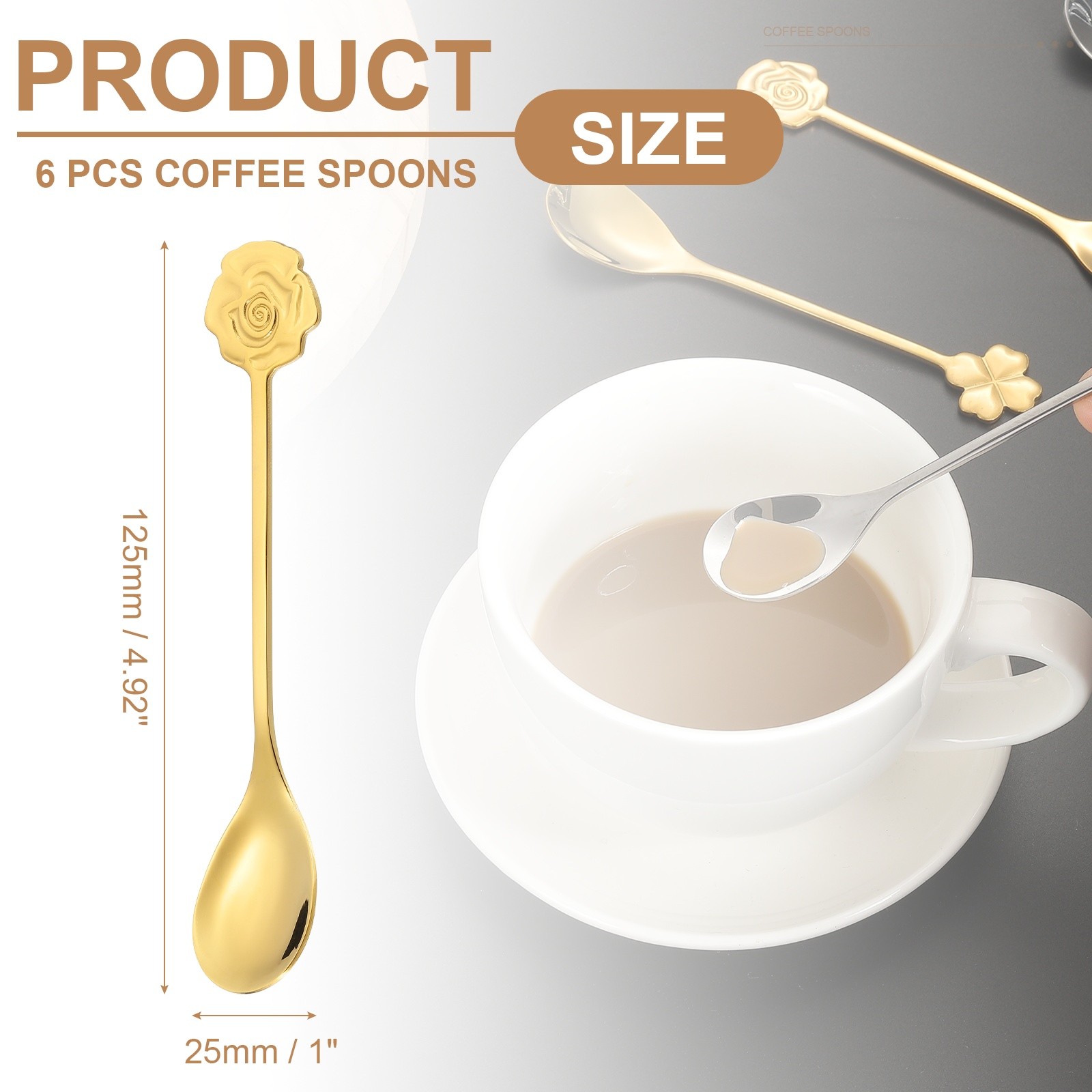 6pcs Coffee Spoons, Rose Tea Spoons Stainless Steel, Gold