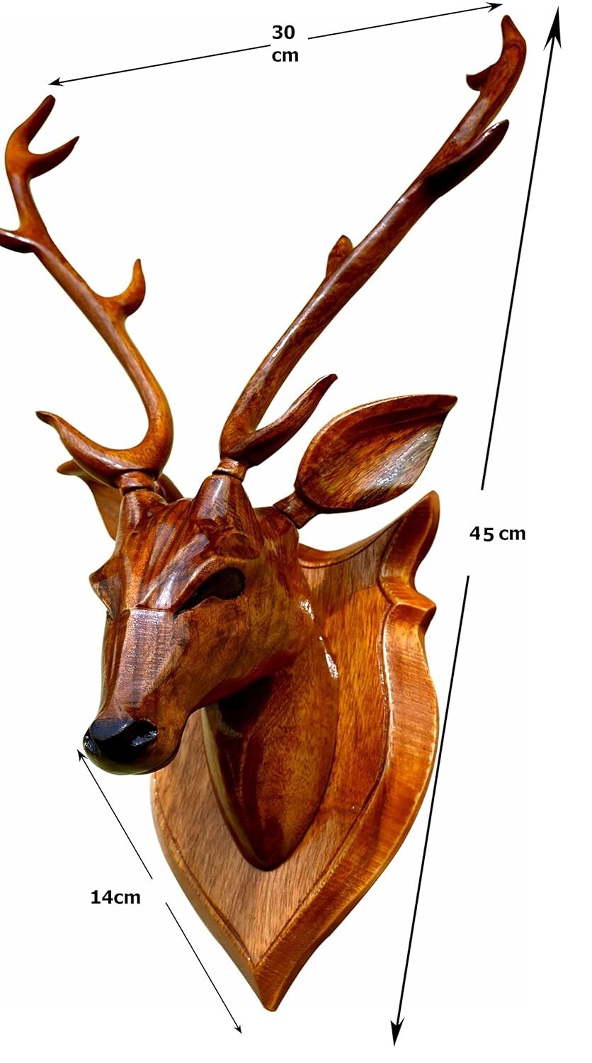 Handcrafted Wood Deer Head with Horn Sculpture Figurine Showpiece Wall Decor