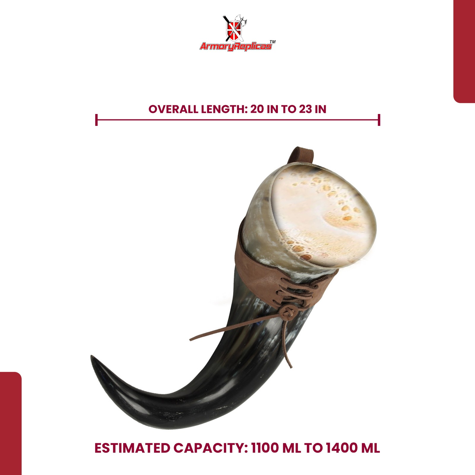 XL Viking Drinking Horn 23" w/ Brown Leather Belt Frog 1400ml Medieval Horn Cup