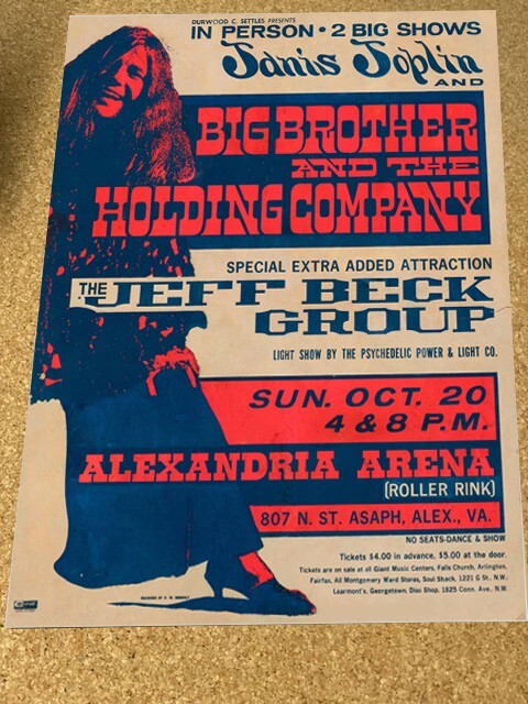 Janis Joplin Jeff Beck 1968 Alexandria Virginia Cardstock Concert Poster 12"x18"