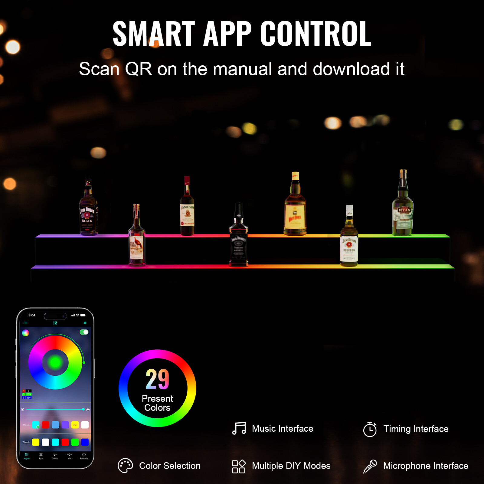 VEVOR60" 2-Step LED Lighted Liquor Bottle Display Bar Shelf RF & App Control