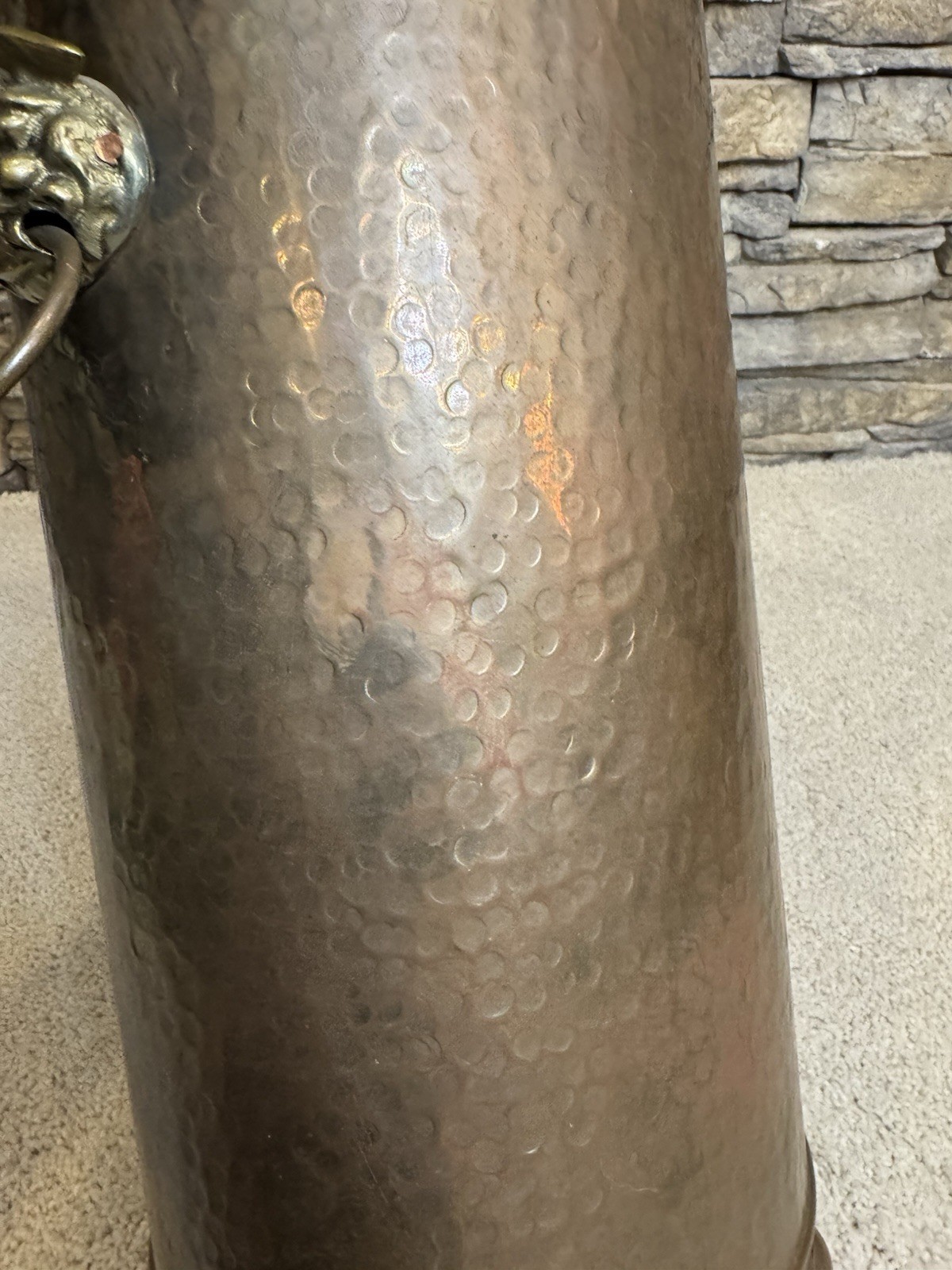 18" Tall Vintage Hammered Brass Umbrella Stand With Lion Head Handles Hong Kong