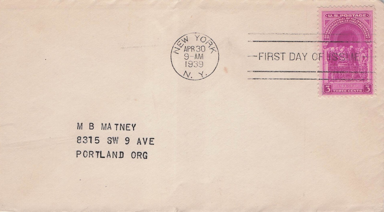 1939 George Washington Inauguration FDC New York Cancel Vtg Cover CV03