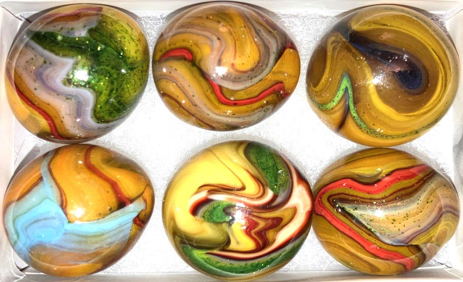 6 Jabo & D.A.S. Easter Eggs Marble Ingots Box Set Egg Marbles Yellow Glass Set C