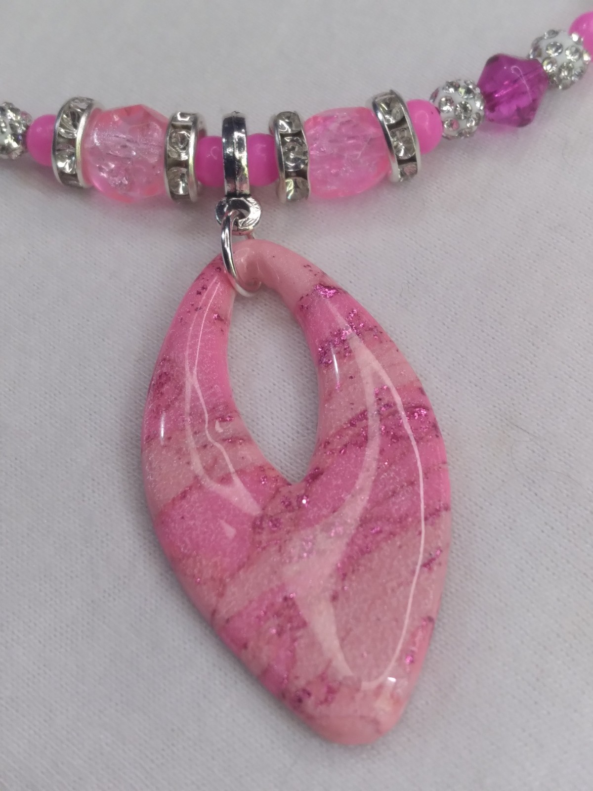 Handcrafted Beaded Pink Polymer Clay Pendant Memory Wire Choker Earring Set