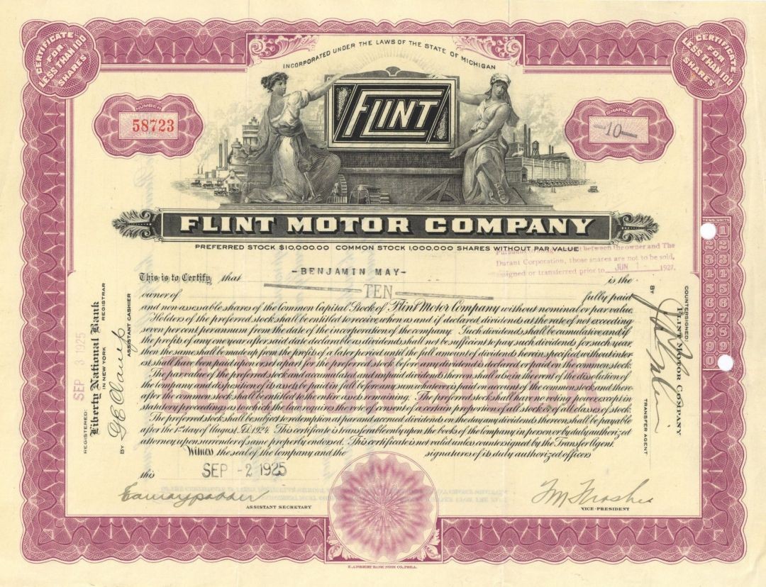 Flint Motor Co. - 1923-1925 dated Automotive Stock Certificate - Automotive St