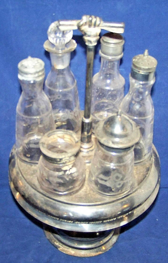 Antique Glass Cruet Condiment COMPLETE Set With Six Bottles