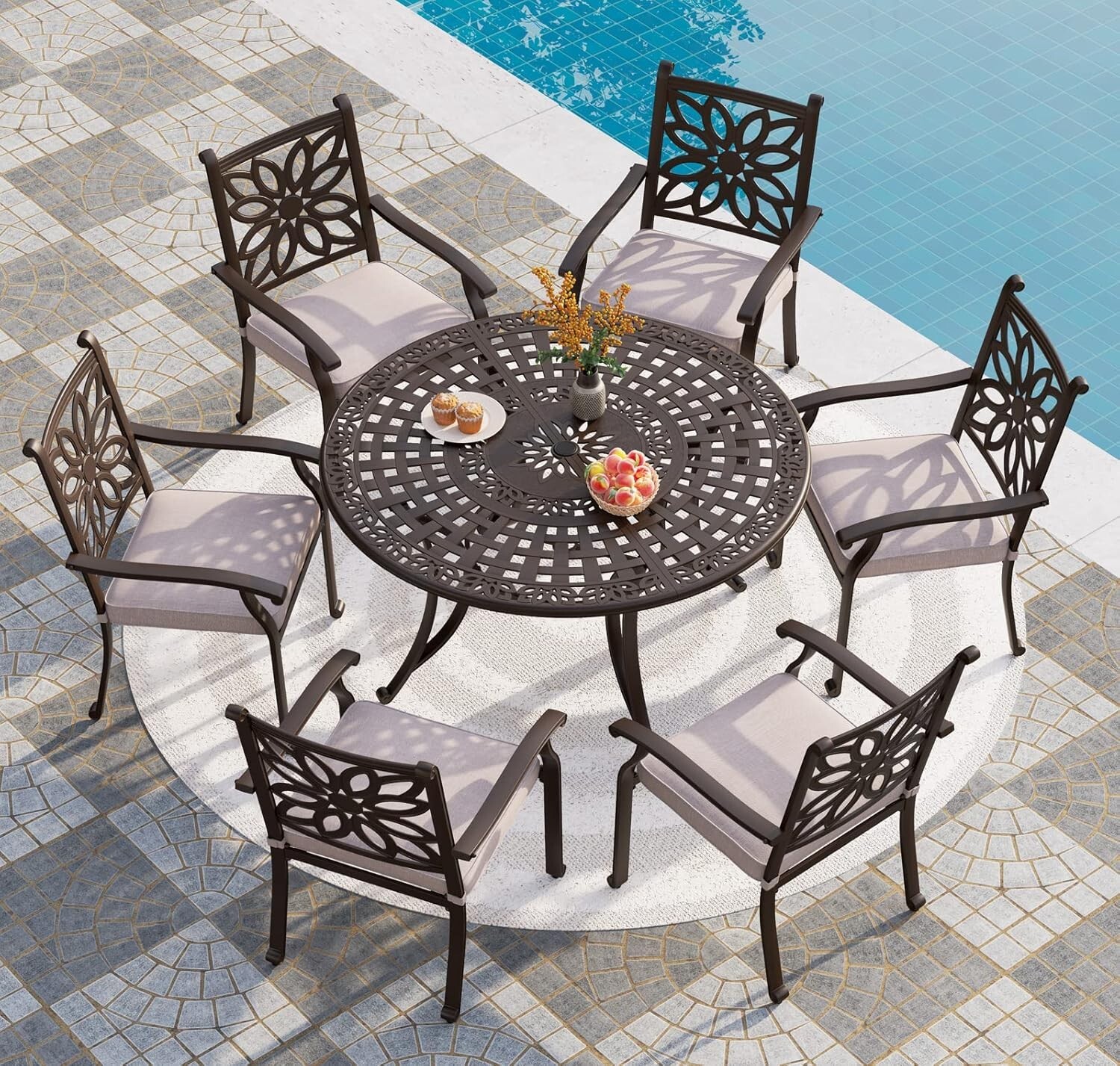 Round Patio Dining Tables for 6 Person Outdoor Aluminum Table w/ Umbrella Hole