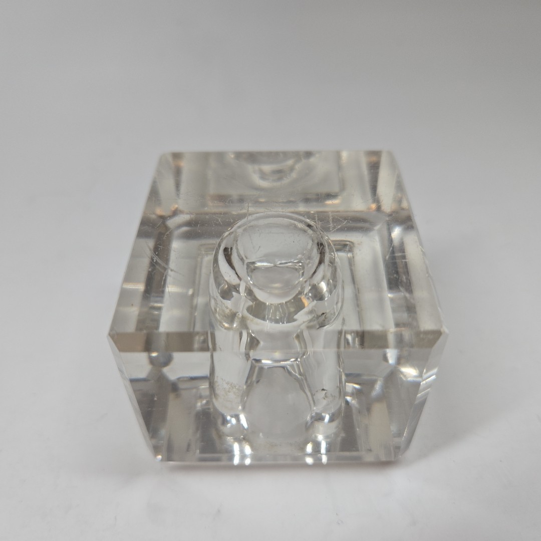 Vintage Clear Glass Inkwell Heavy Cube Shape Beveled Edging Solid
