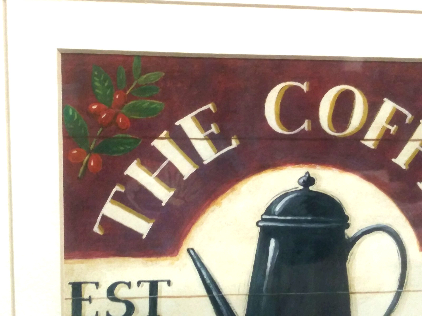Coffee Themed Wall art "THE COFFEE POT " wood framed w/glass wall hanging 15x15