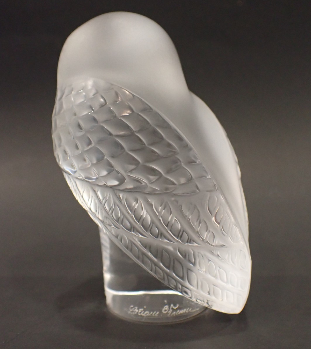 Vintage Lalique France Crystal Owl Paperweight Figurine Original Sticker Signed