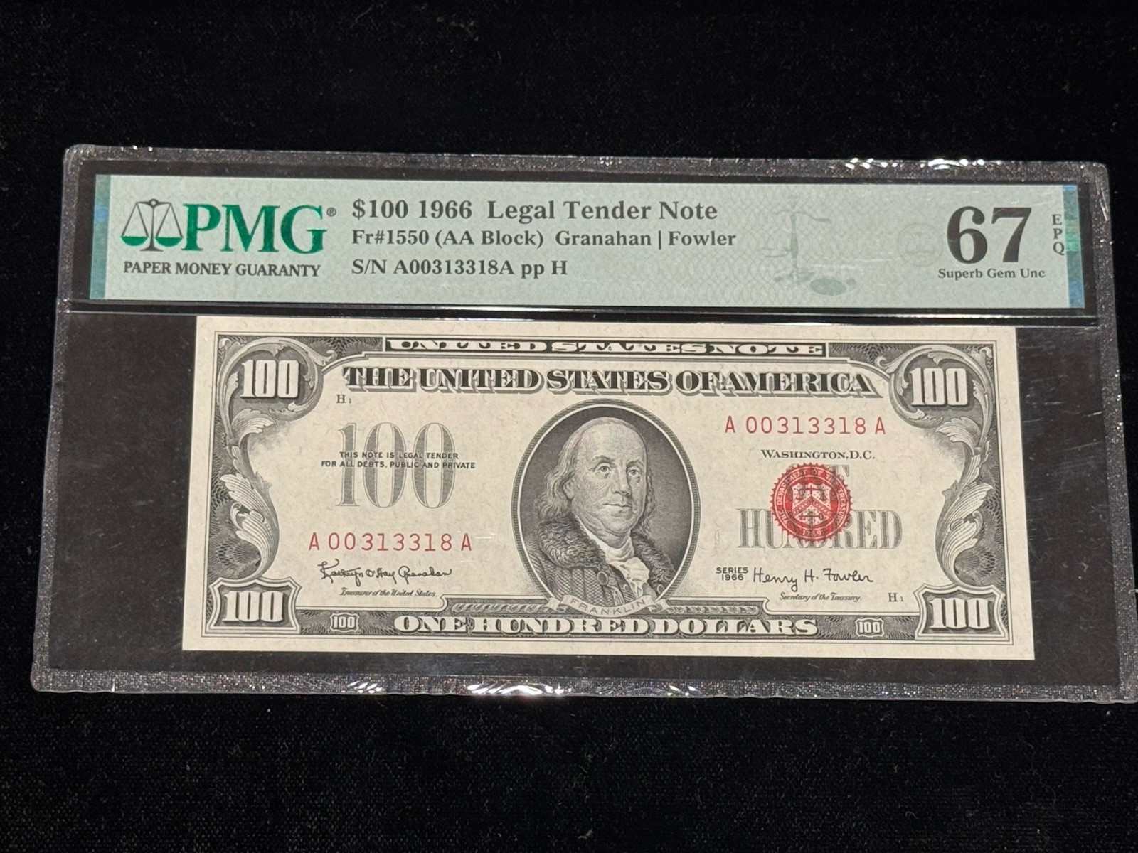 Series 1966 $100 Red Seal Legal Tender Note PMG 67 SUPERB GEM 💎 UNC FR1550